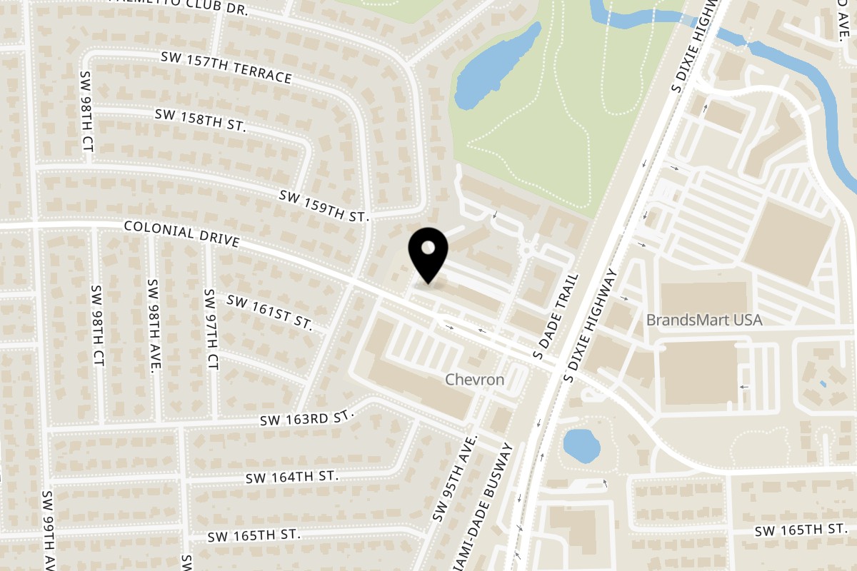 Map showing the location of Tiagos Tacos Tiago's Tacos - Palmetto Bay on 9595 Colonial Dr in Miami