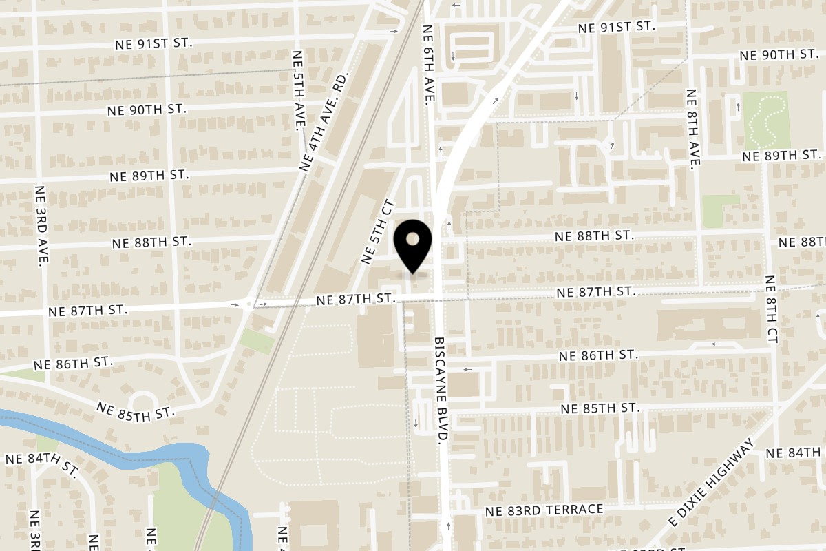 Map showing the location of Tiagos Tacos Tiago's Tacos - Miami Shores on 8700 Biscayne Blvd in Miami Shores