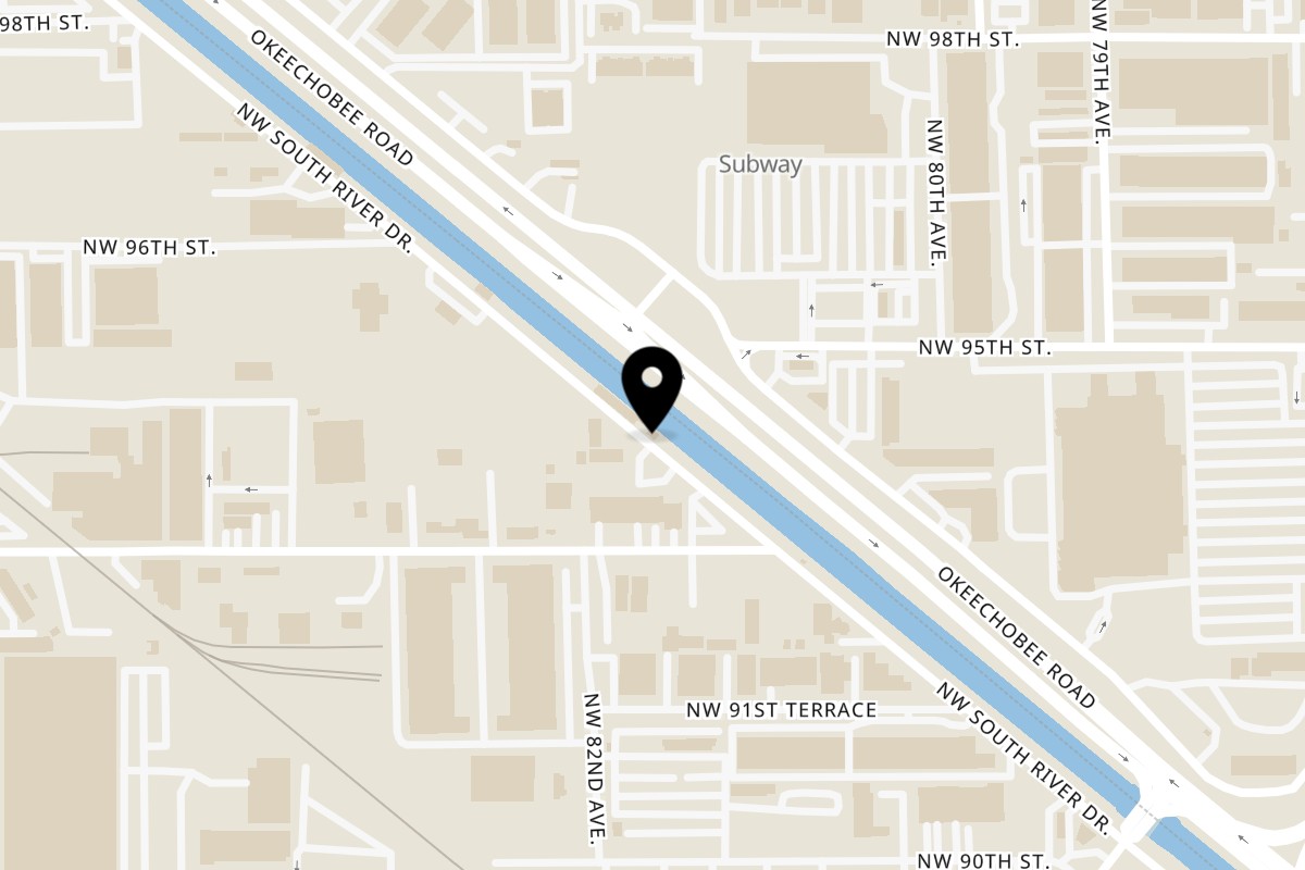 Map showing the location of Tiagos Tacos Medley on 9351 NW South River Dr in Medley
