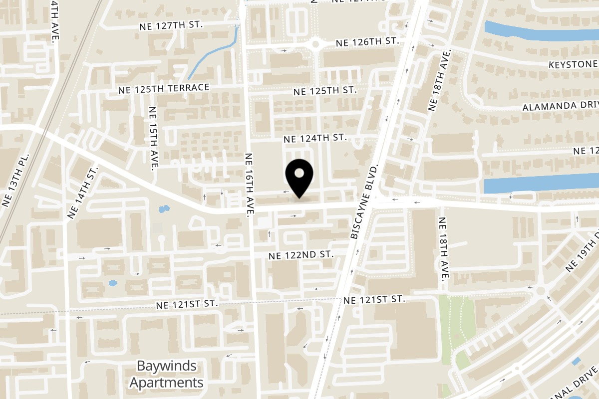 Map showing the location of Tiagos Tacos Tiago's Tacos - NORTH MIAMI on 1681 NE 123rd St in North Miami